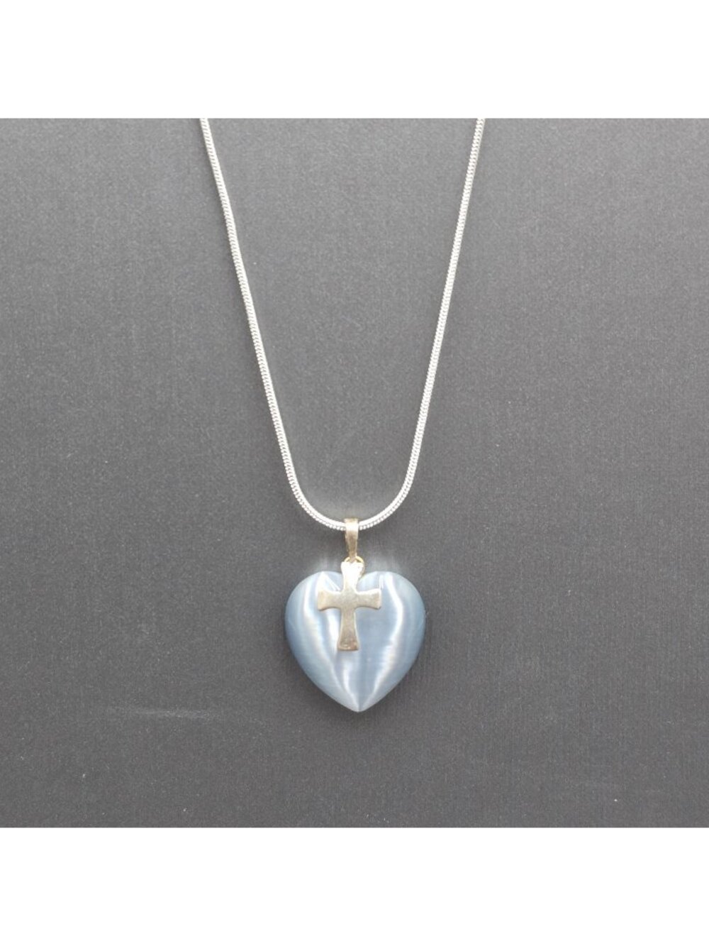 Sterling Silver Cats Eye Quartz Heart Cross Pendant Necklace 24" Snake Chain